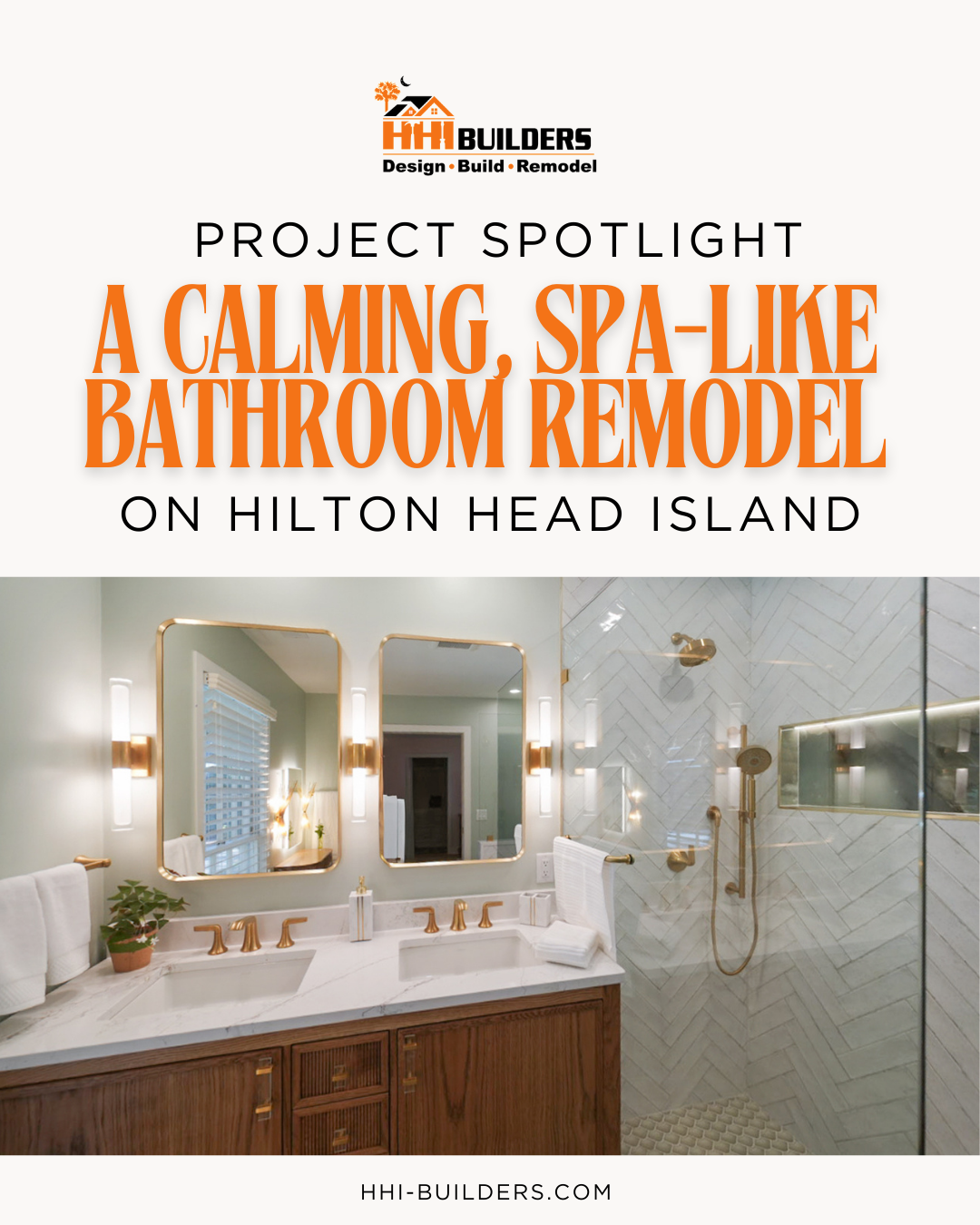 Hilton Head Island bathroom remodel with custom oak double vanity, brass fixtures, soft green walls, and herringbone tile shower.